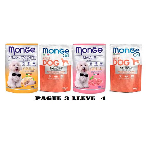 PROMOCION MONGE GRILL POUCH 100 GR REF SURTIDAS PAGA 3 LLEVA 4