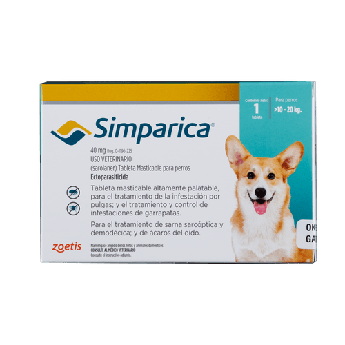 Simparica 40 Mg - Perros De 10 Hasta 20 Kg. 1 Tab.(Azul)