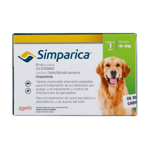 Simparica 80 Mg - Perros De 20,1 Hasta 40 Kg. 1 Tab.(Verde)